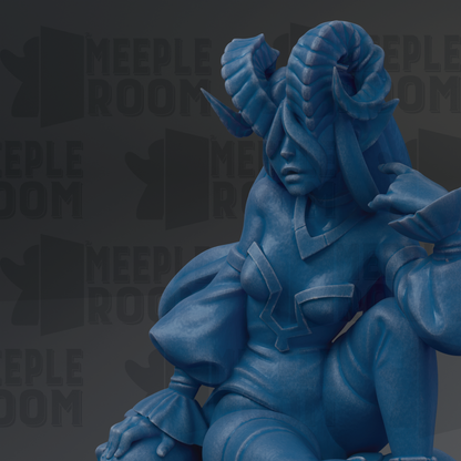 A blue statue of a woman with horns and a flowing robe, sitting on a surface with the word "MEEPLE ROOM" repeated in the background.