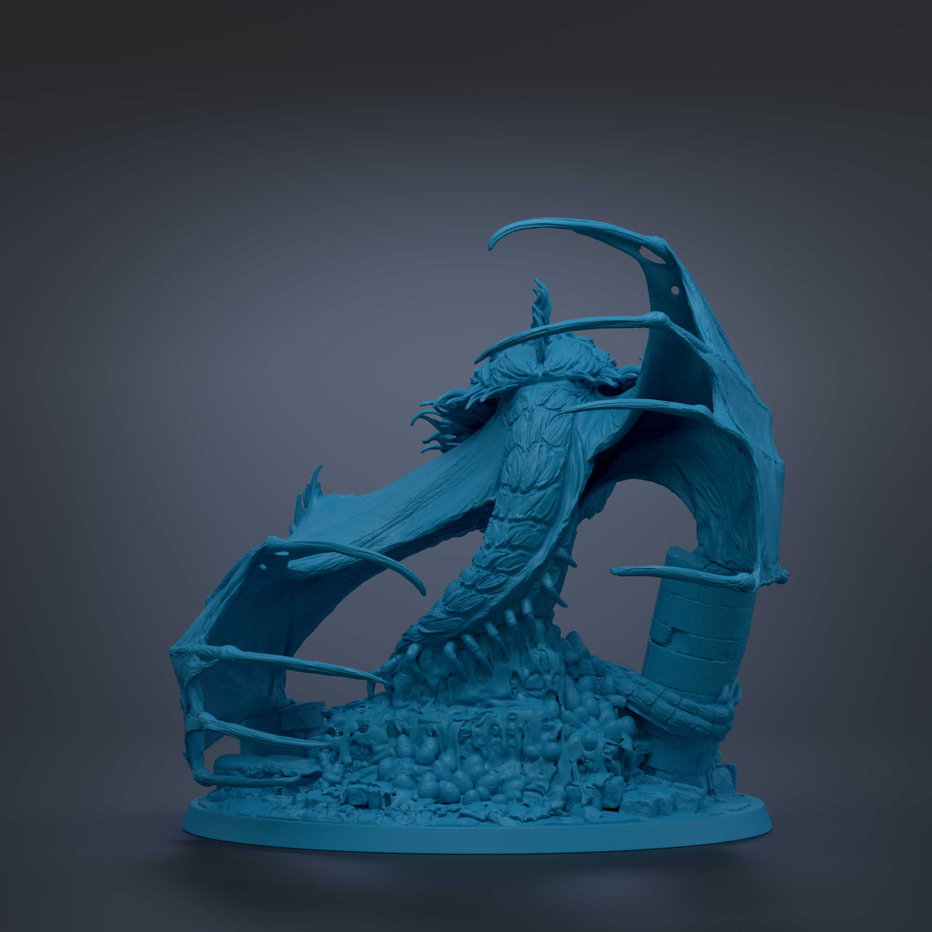 A 3D rendering of a fantastical creature, possibly a dragon or serpent, with intricate details and a dark, moody color scheme.