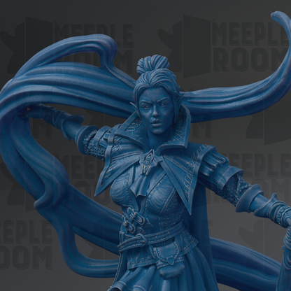 A detailed 3D rendering of a female character with flowing hair and a flowing cape, depicted in a dynamic pose.