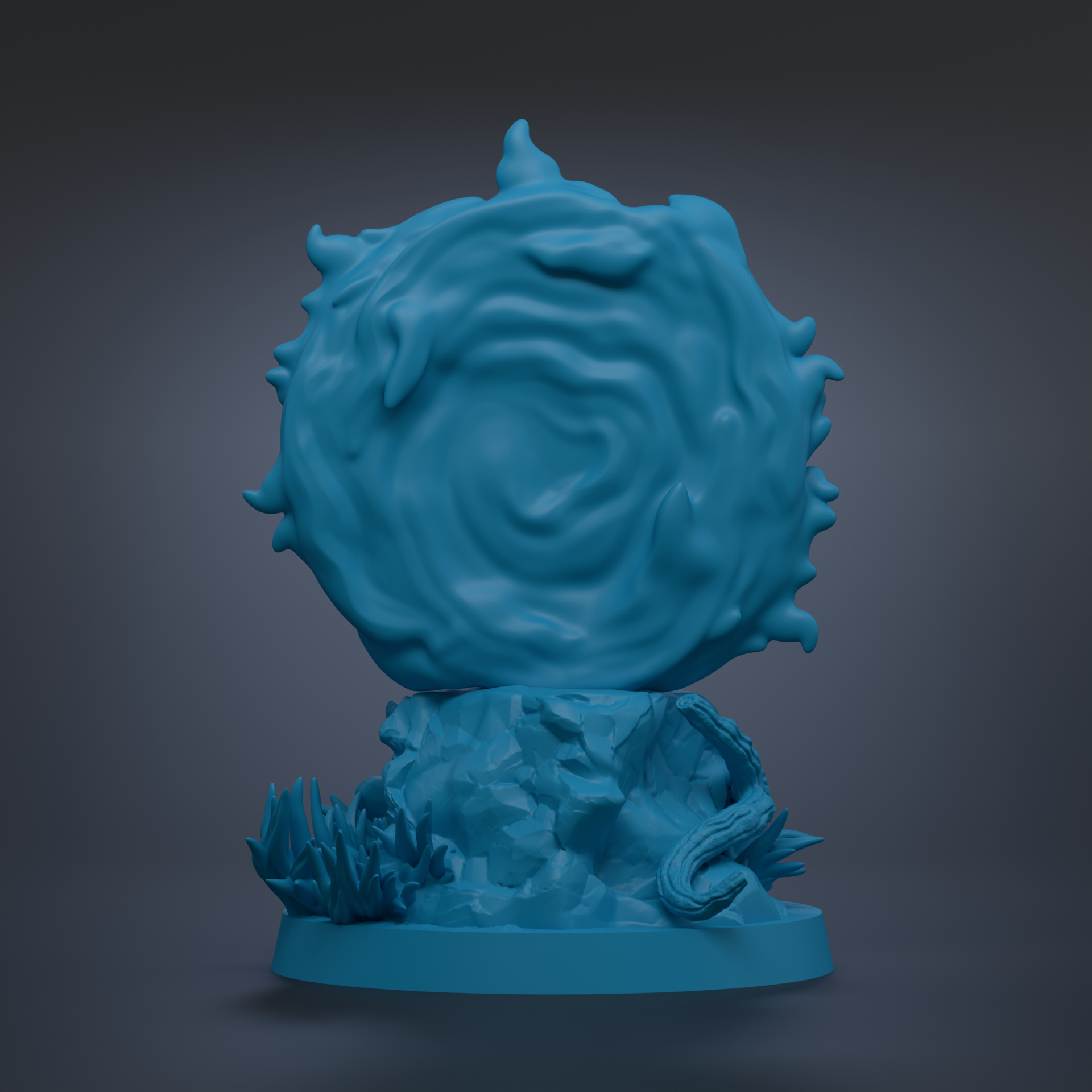 A 3D rendering of a blue, abstract sculpture with a circular shape and flowing, wavy lines.