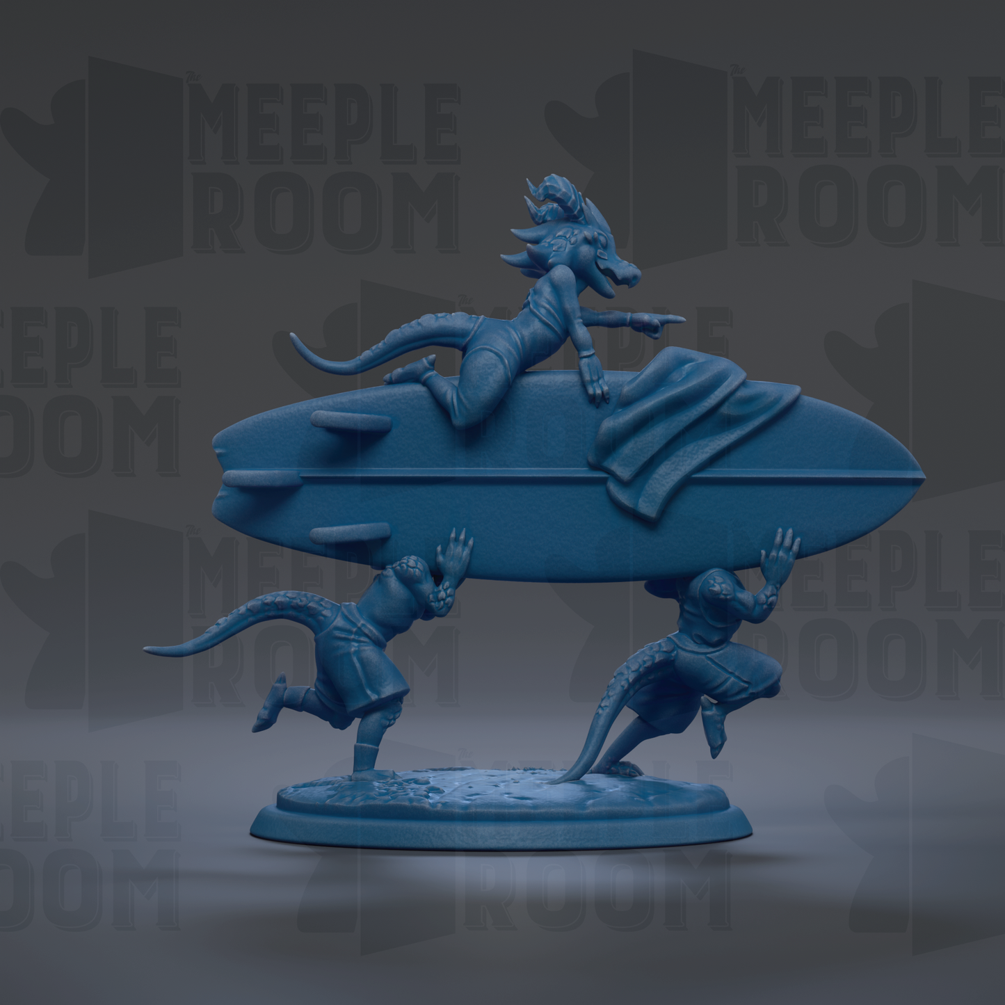 A 3D model of a dragon-like creature holding a surfboard, with two smaller figures in the background.