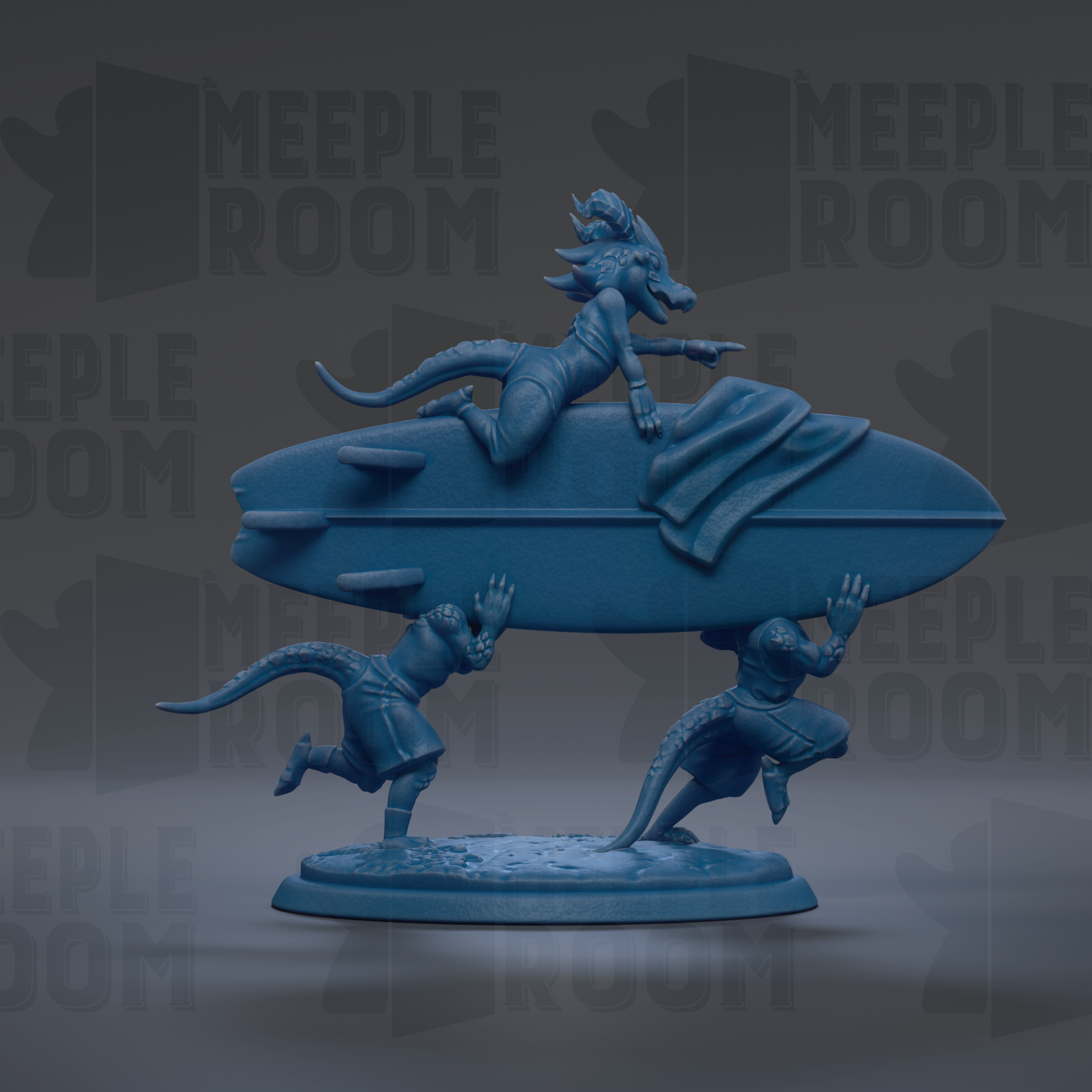 A 3D model of a dragon-like creature holding a surfboard, with two smaller figures in the background.