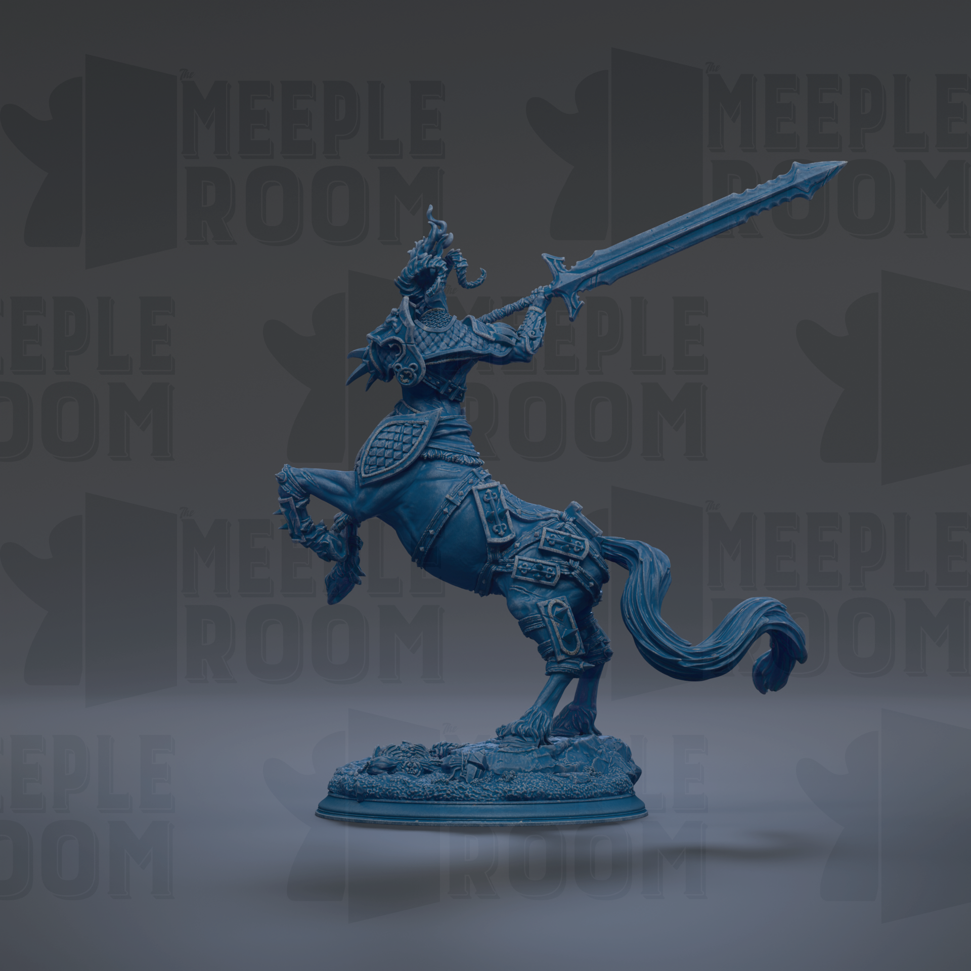A blue armored knight on horseback, holding a sword, is depicted in the image.