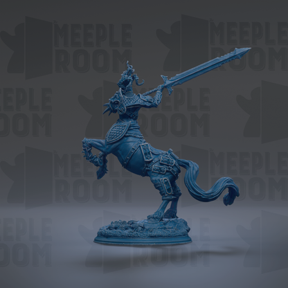 A blue armored knight on horseback, holding a sword, is depicted in the image.