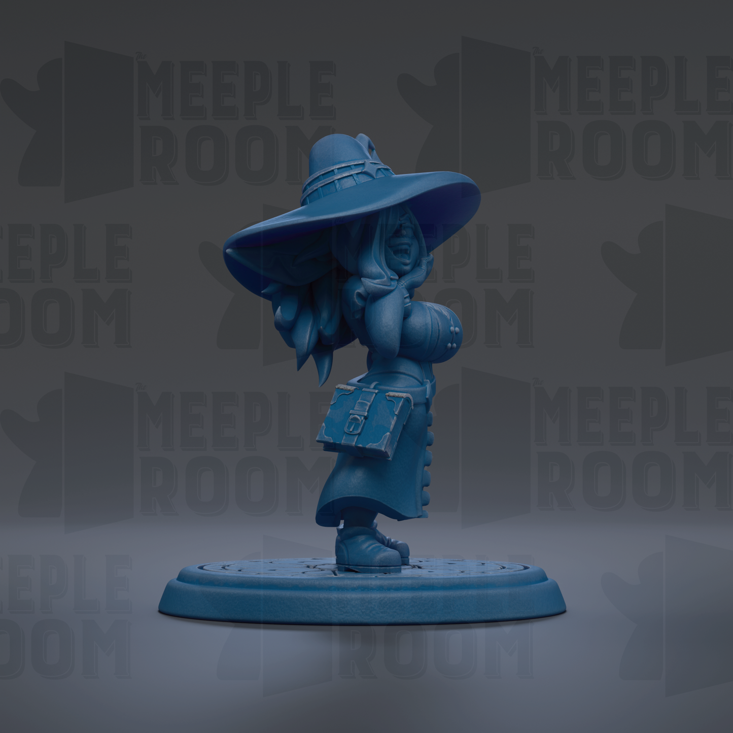 A blue figurine of a woman wearing a large hat and carrying a bag is displayed against a dark background with repeated text.