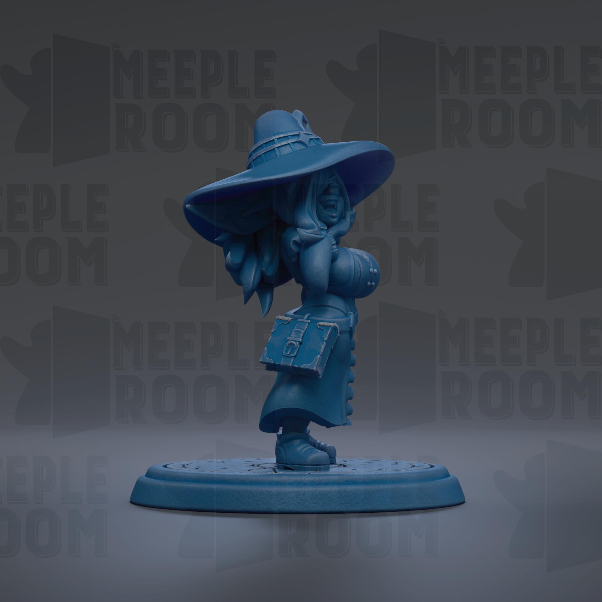 A blue figurine of a woman wearing a large hat and carrying a bag is displayed against a dark background with repeated text.
