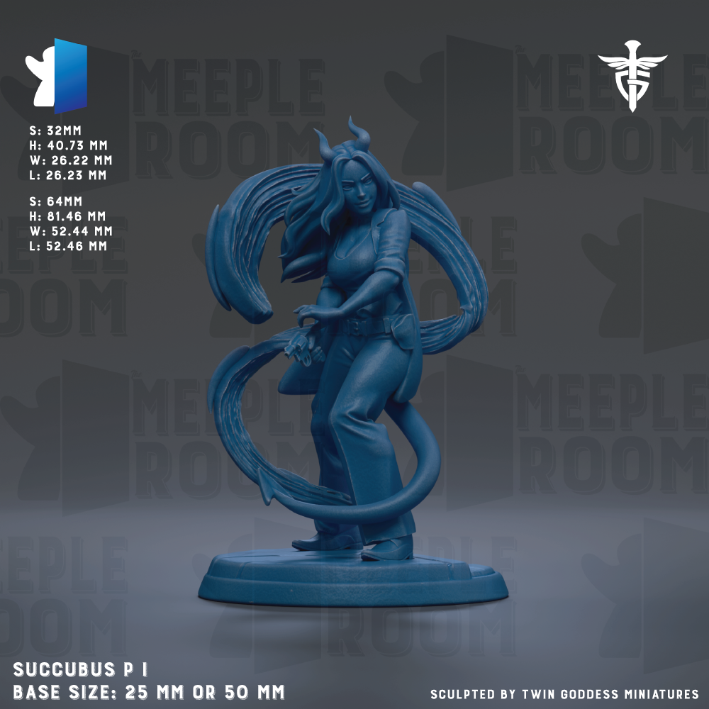 The image is a 3D model of a female character, specifically a female warrior, with a blue color scheme. The character is depicted in a dynamic pose, with a large, flowing tail. The image is described as a "meadow" and is part of a "MEPLE ROOM" series. The base size of the figurine is 25mm or 50mm, depending on the perspective. The figurine is sculpted by Twin Goddess Miniatures.