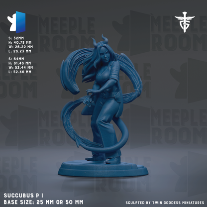 The image is a 3D model of a female character, specifically a female warrior, with a blue color scheme. The character is depicted in a dynamic pose, with a large, flowing tail. The image is described as a "meadow" and is part of a "MEPLE ROOM" series. The base size of the figurine is 25mm or 50mm, depending on the perspective. The figurine is sculpted by Twin Goddess Miniatures.