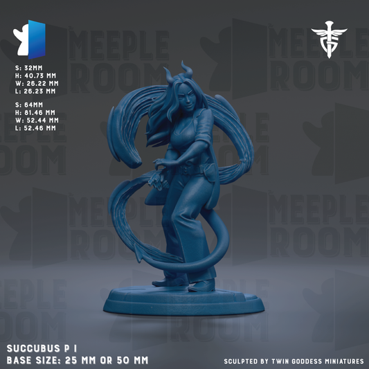 The image is a 3D model of a female character, specifically a female warrior, with a blue color scheme. The character is depicted in a dynamic pose, with a large, flowing tail. The image is described as a "meadow" and is part of a "MEPLE ROOM" series. The base size of the figurine is 25mm or 50mm, depending on the perspective. The figurine is sculpted by Twin Goddess Miniatures.