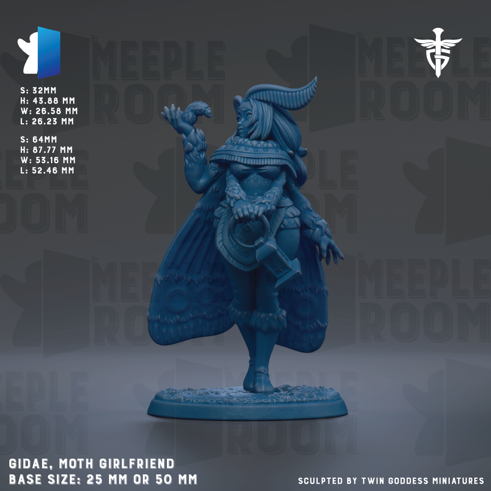 a figurine of a woman dressed as a moth, with a detailed and intricate design. The figurine is described as a "Moth Girlfriend" and is shown in various sizes, ranging from 25mm to 50mm. The figurine is sculpted by Twin Goddess Miniatures, and the base size is either 25mm or 50mm. The image is a collage of multiple images, and the phrase "The image depicts" is not used.