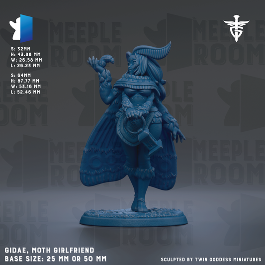 a figurine of a woman dressed as a moth, with a detailed and intricate design. The figurine is described as a "Moth Girlfriend" and is shown in various sizes, ranging from 25mm to 50mm. The figurine is sculpted by Twin Goddess Miniatures, and the base size is either 25mm or 50mm. The image is a collage of multiple images, and the phrase "The image depicts" is not used.