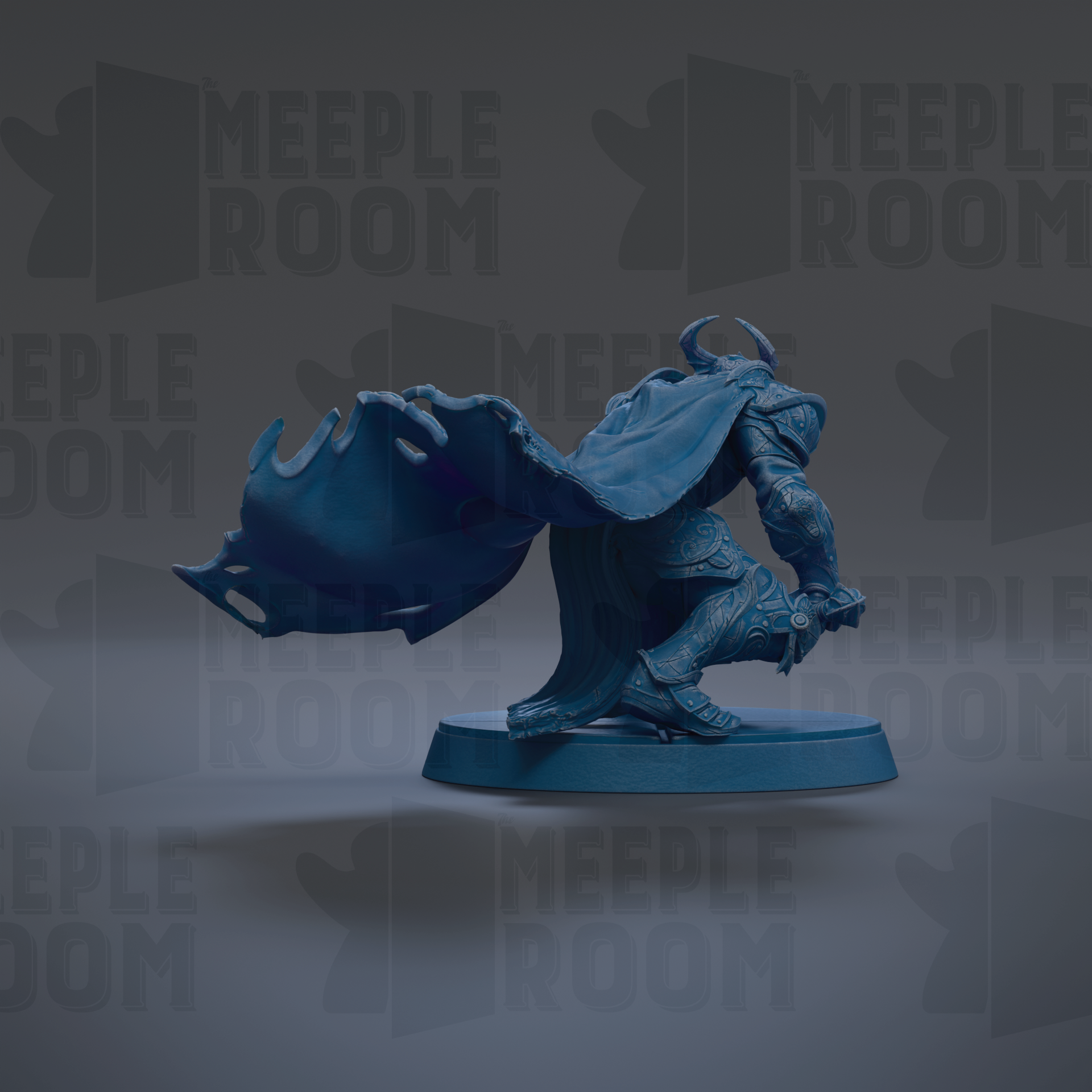 A blue figurine of a knight in armor, with a cape billowing behind it, is depicted in the image.