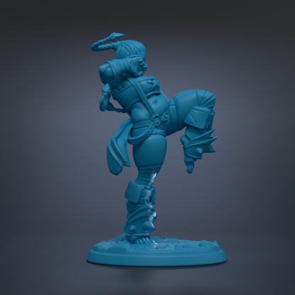 A blue 3D model of a female character in a fighting stance, with a determined expression on her face.