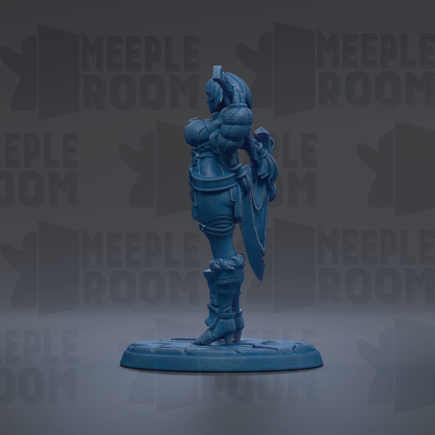 A blue figurine of a female character with a sword and shield stands on a base against a dark background with repeated text.