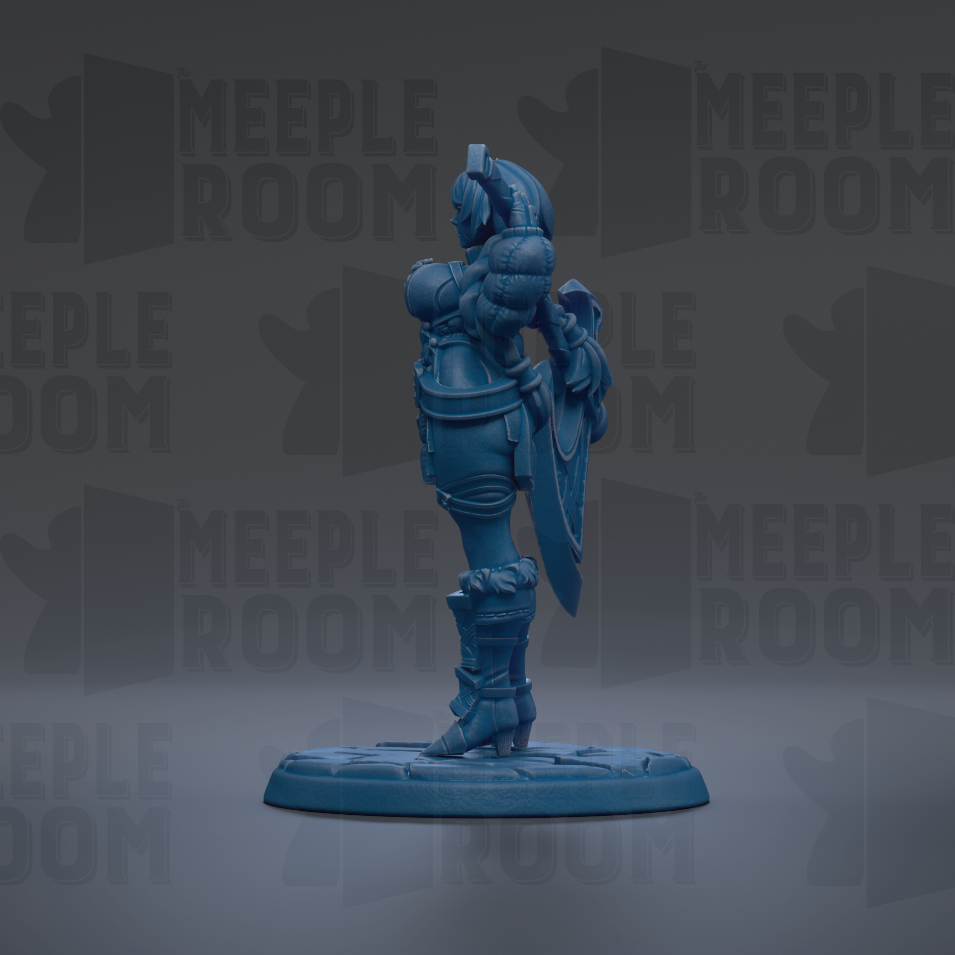 A blue figurine of a female character with a sword and shield stands on a base against a dark background with repeated text.