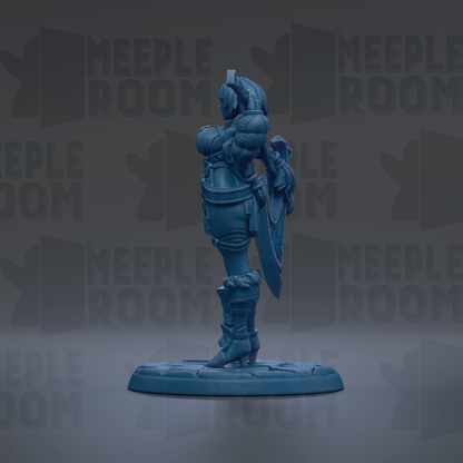 A blue figurine of a female character with a sword and shield stands on a base against a dark background with repeated text.