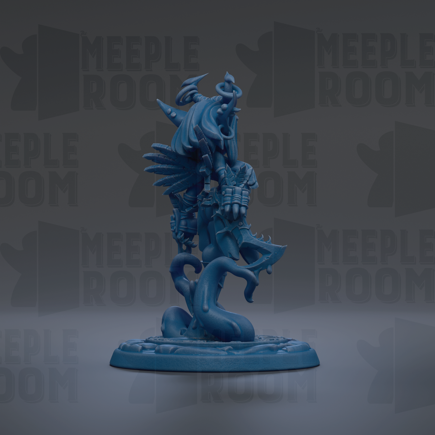 A blue figurine of a fantastical creature with wings and a long tail, standing on a base and facing to the right.