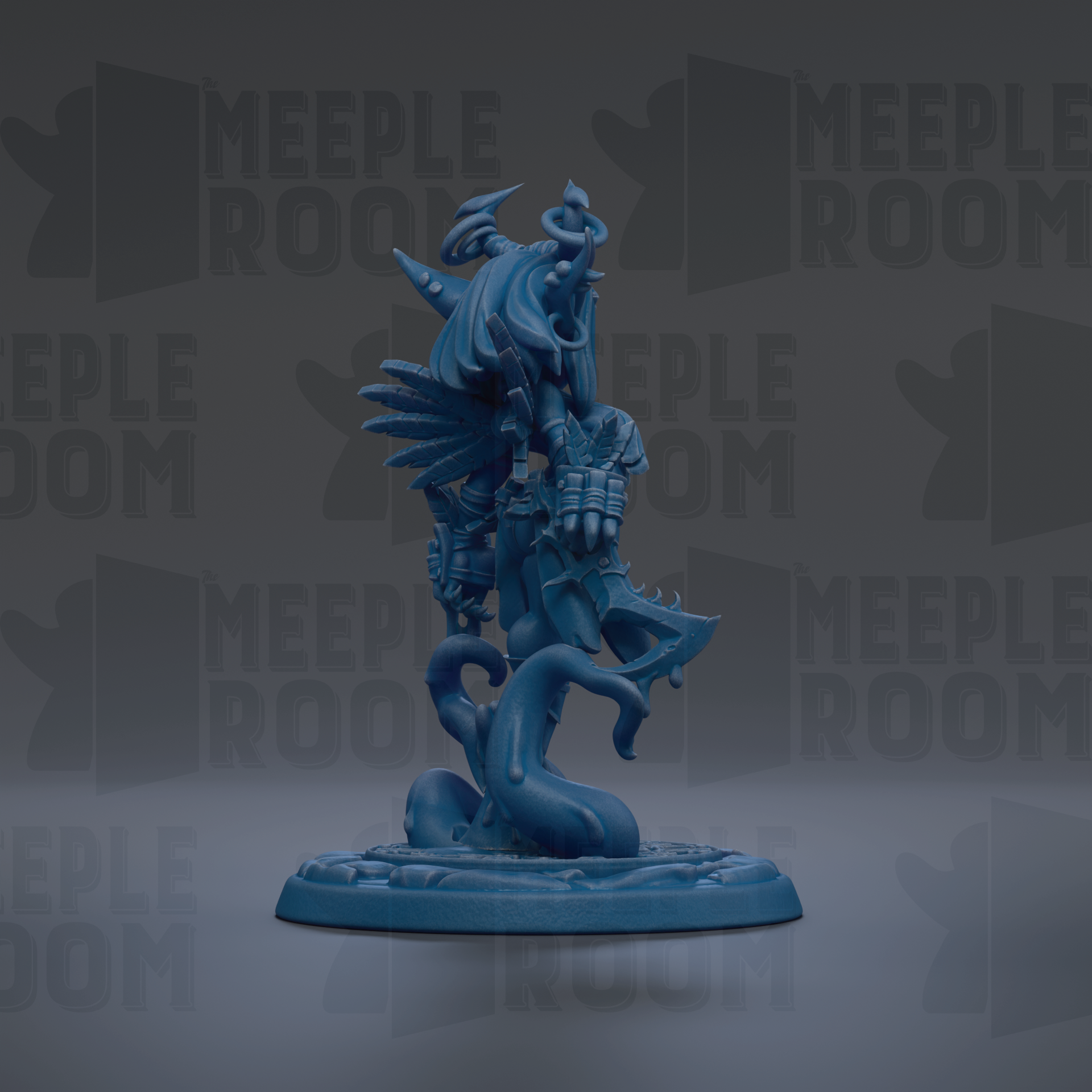 A blue figurine of a fantastical creature with wings and a long tail, standing on a base and facing to the right.