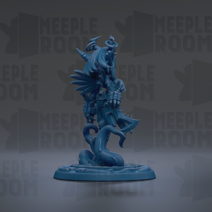 A blue figurine of a fantastical creature with wings and a long tail, standing on a base and facing to the right.