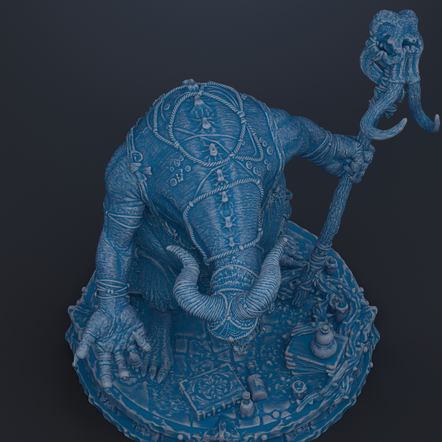 A detailed 3D rendering of a fantastical creature with intricate patterns and designs, including a large horned head, a staff, and various other elements.