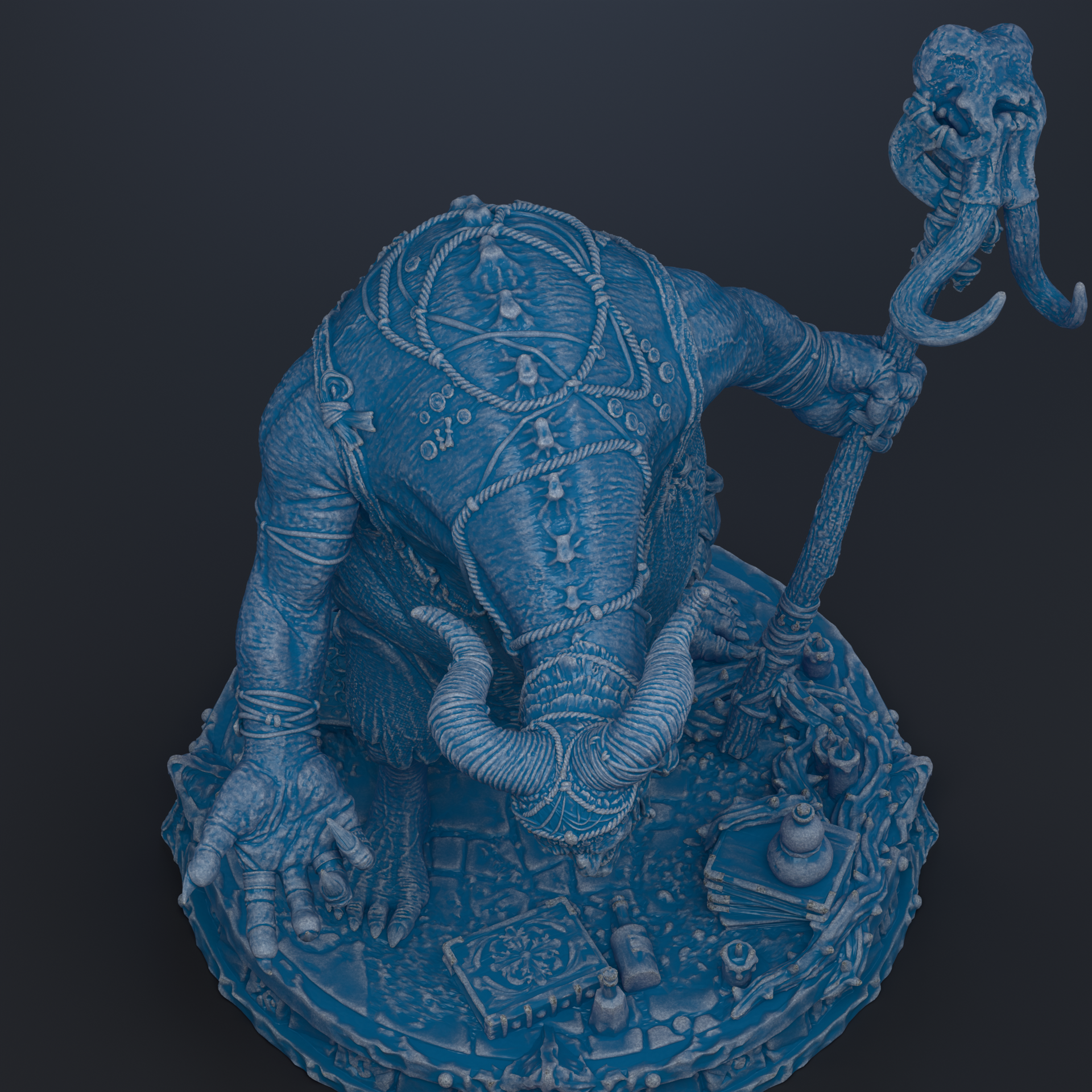 A detailed 3D rendering of a fantastical creature with intricate patterns and designs, including a large horned head, a staff, and various other elements.