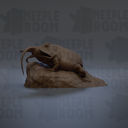 A 3D rendering of a frog or salamander sitting on a rock, with the text "MEUPLE ROOM" repeated in the background.