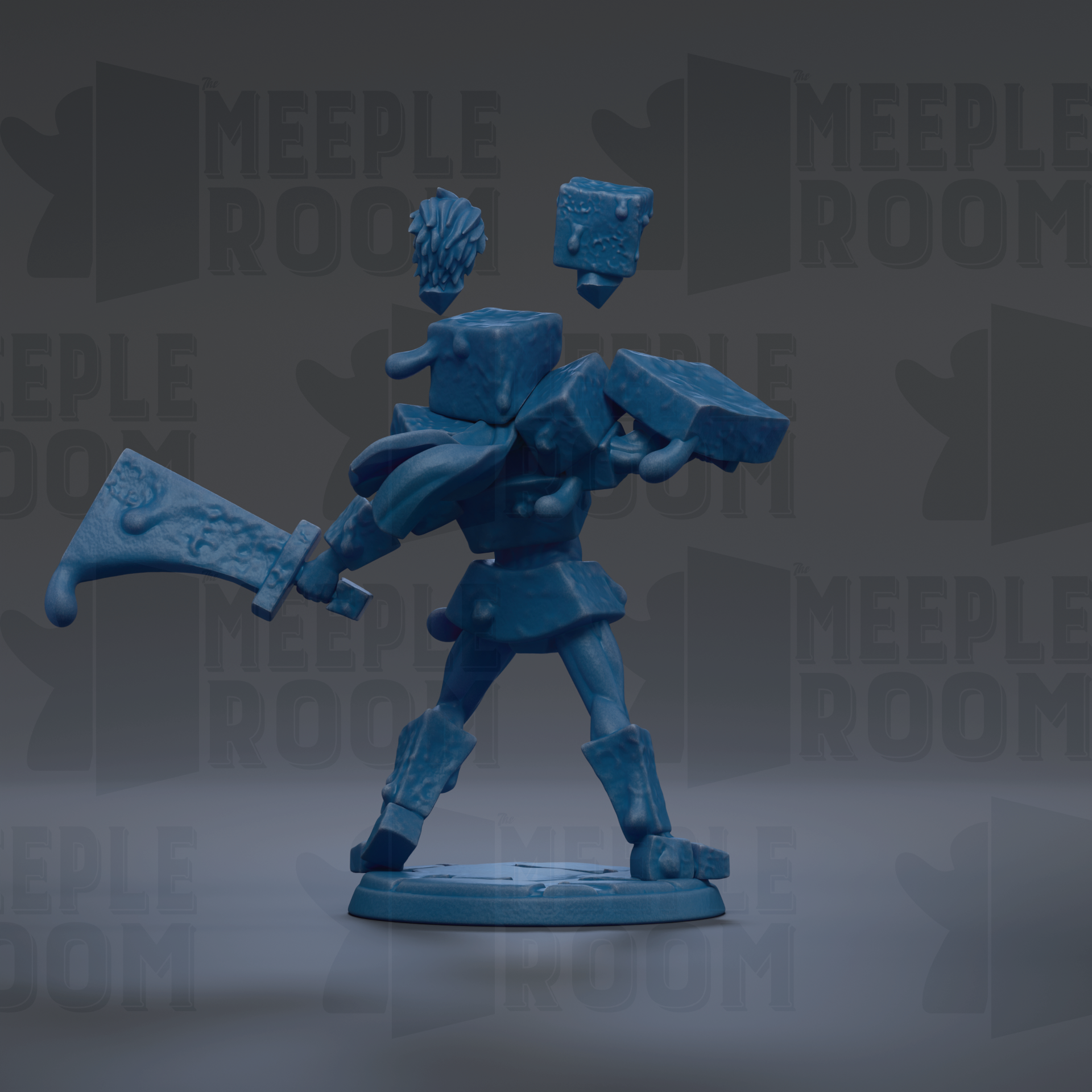 A blue figurine of a character with a sword and shield, standing on a base.