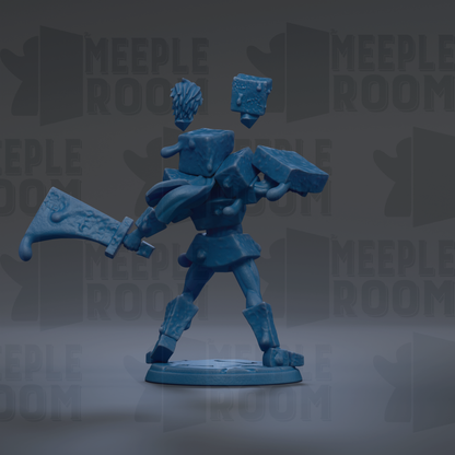 A blue figurine of a character with a sword and shield, standing on a base.