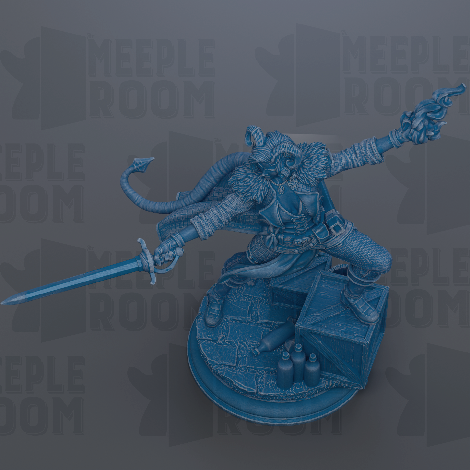 A detailed 3D rendering of a fantasy character, possibly a dragon or serpent, with a sword in its hand and a shield on its back. The character appears to be in a dynamic pose, with its arms outstretched and its head tilted back. The background is a dark gray color, which contrasts with the blue color of the character and the sword. The image does not contain any text or other discernible objects.