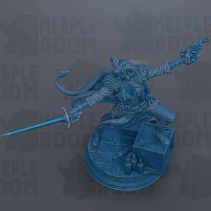 A detailed 3D rendering of a fantasy character, possibly a dragon or serpent, with a sword in its hand and a shield on its back. The character appears to be in a dynamic pose, with its arms outstretched and its head tilted back. The background is a dark gray color, which contrasts with the blue color of the character and the sword. The image does not contain any text or other discernible objects.