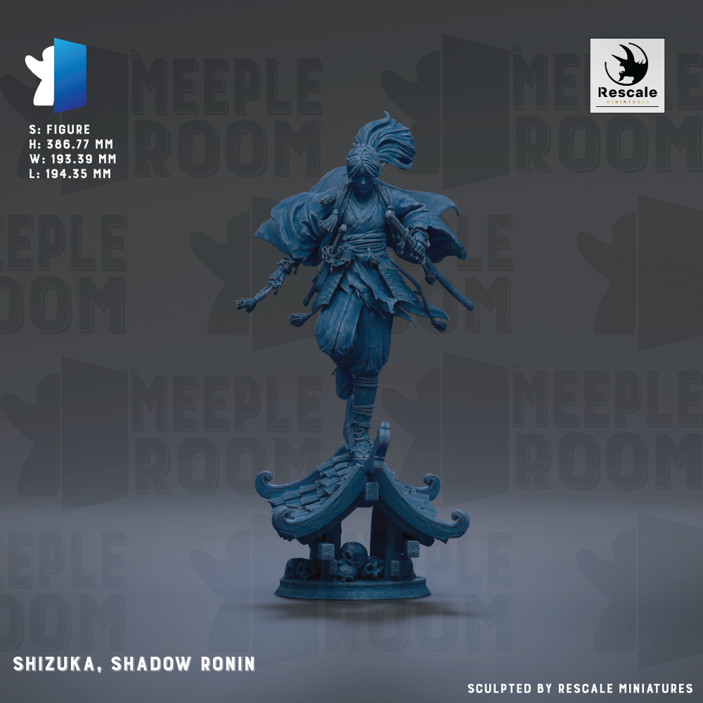 a blue figurine of a person with a large headdress, standing on a platform with a curved roof. The background has the text "MEIPLE ROOM" repeated multiple times.