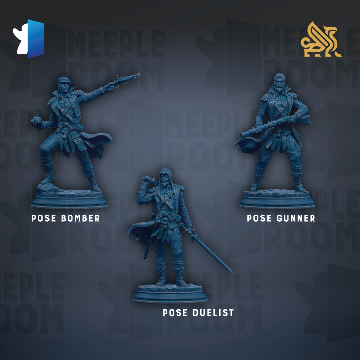 three blue figurines of characters from a video game, each with a unique pose and weapon.