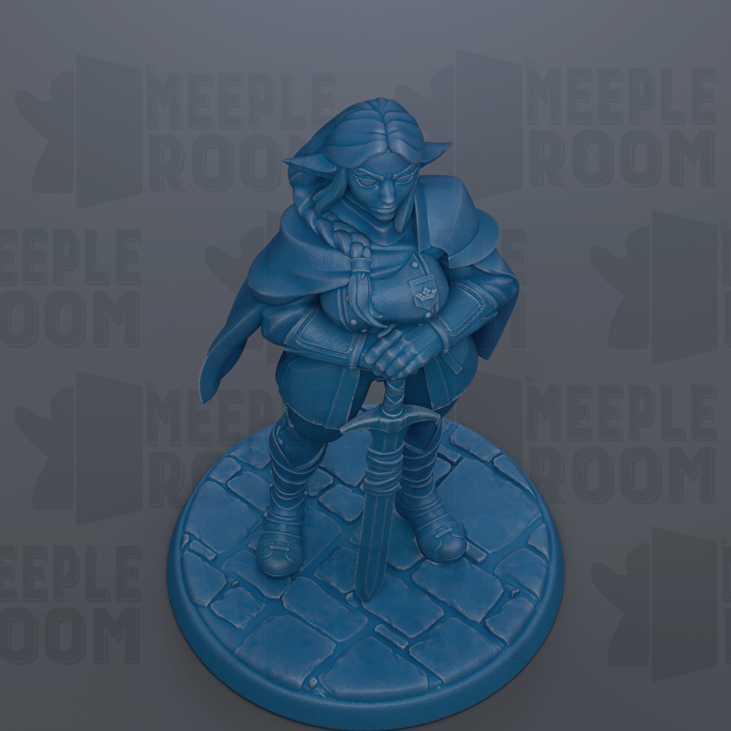 A blue figurine of a female character with a sword, standing on a stone base.