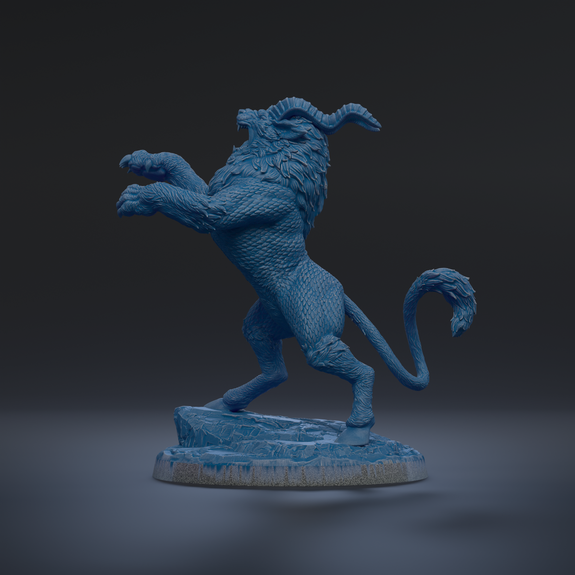 A blue, sculpted statue of a mythical creature with horns and a flowing mane stands on a rock against a dark background.