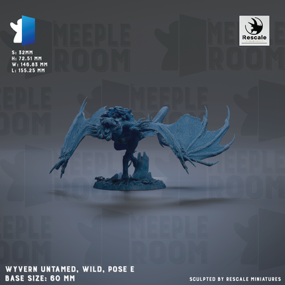 The image is a 3D rendering of a blue, winged creature resembling a dragon or mythical creature, possibly a mythical beast or dragon. The creature is shown in a dynamic pose, with its wings spread wide. The background of the image is a dark gray color, which contrasts with the blue of the creature and makes it stand out. The image is described as a "MEIPLE ROOM" and is labeled as "WYVERN Untamed, Wild, Pose E Base Size: 60 MM".