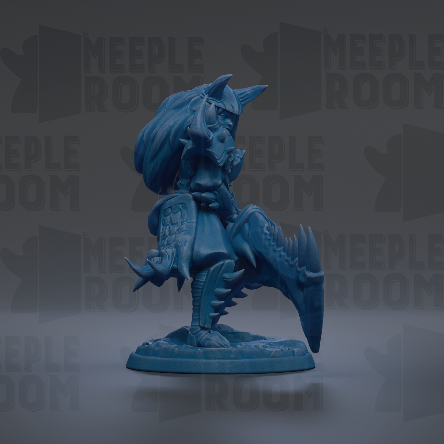 A blue figurine of a warrior standing on a platform, with a dragon-like creature on its back.