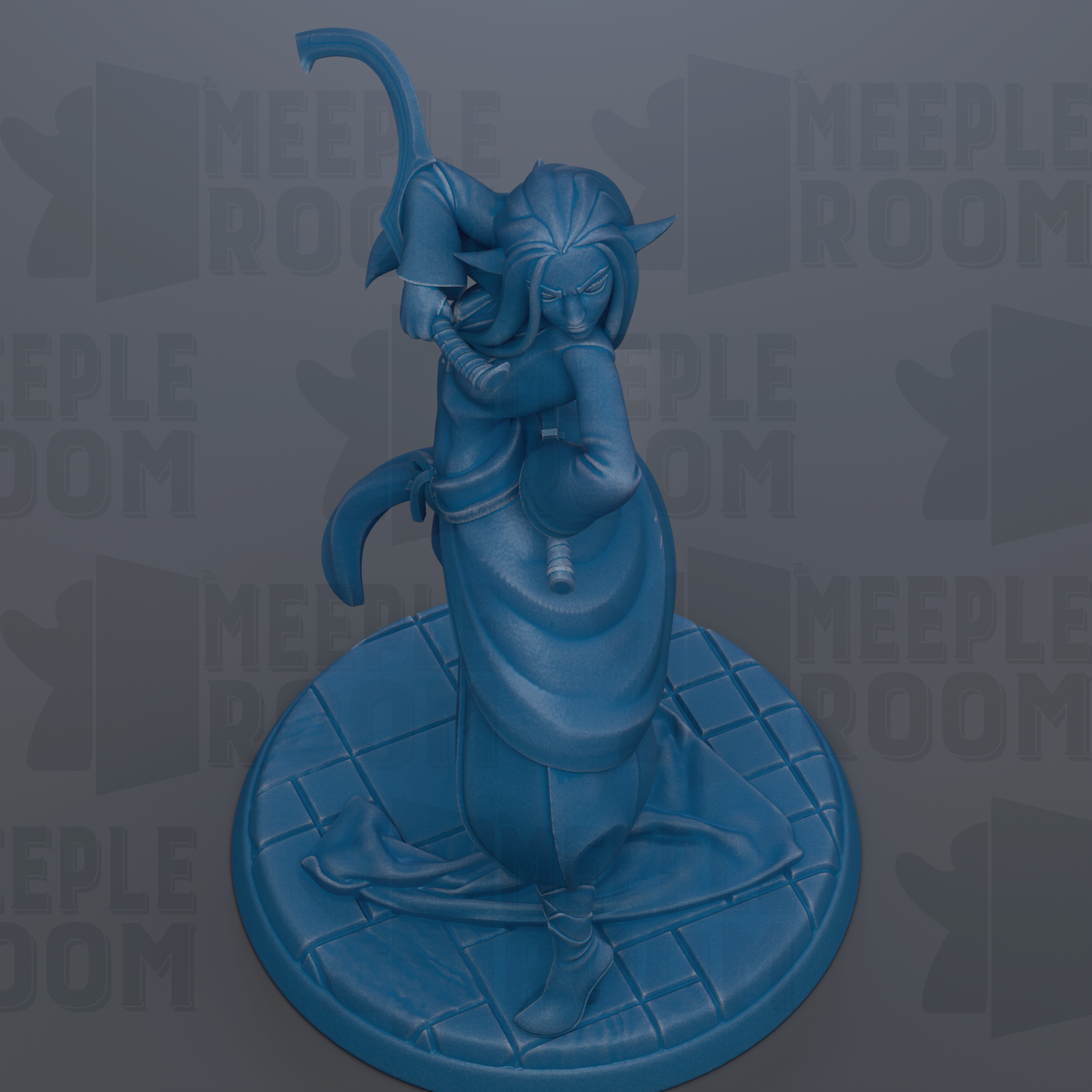 A blue figurine of a person holding a weapon, standing on a platform.