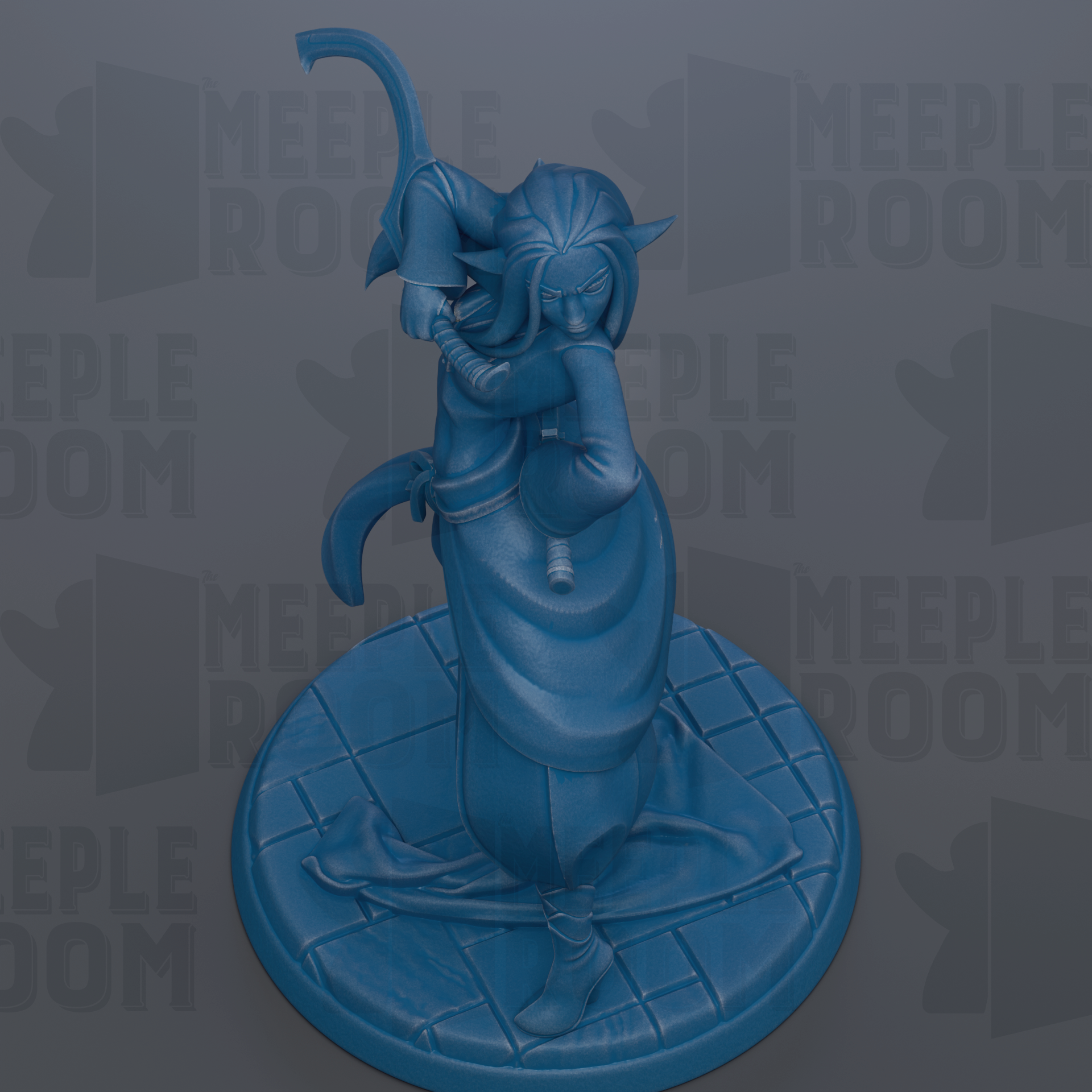 A blue figurine of a person holding a weapon, standing on a platform.