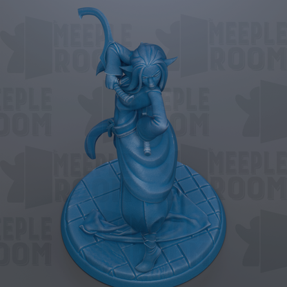 A blue figurine of a person holding a weapon, standing on a platform.