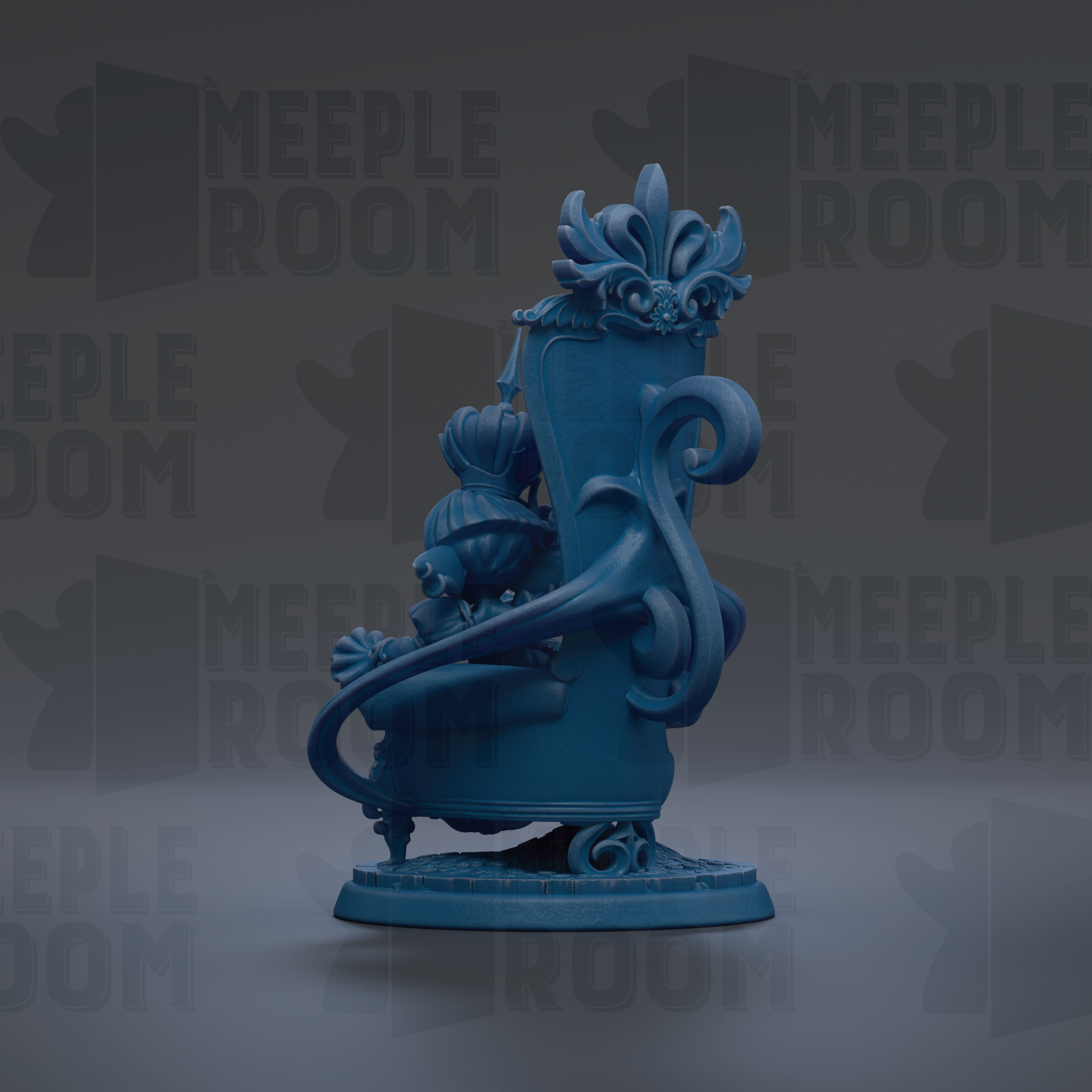A blue, ornate statue of a figure with a large headdress and intricate details, set against a dark background with repeated text.