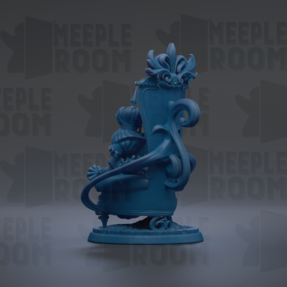 A blue, ornate statue of a figure with a large headdress and intricate details, set against a dark background with repeated text.