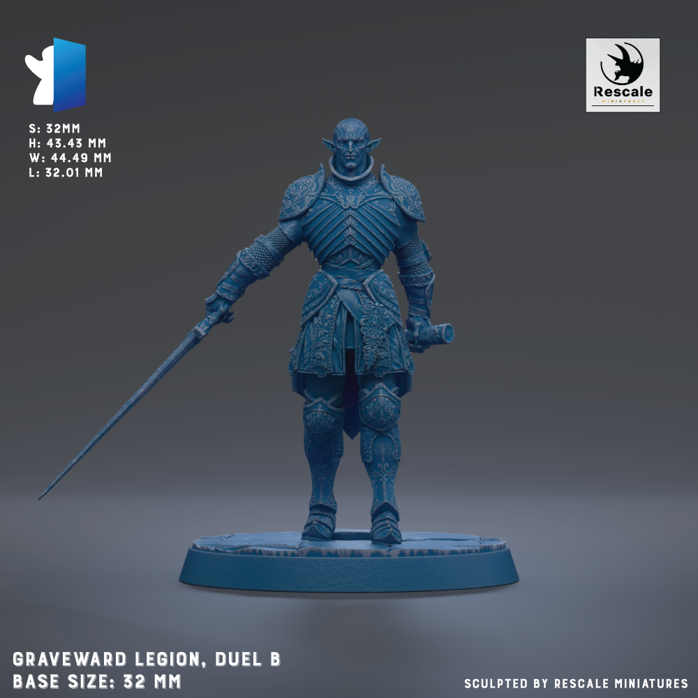 a blue figurine of a warrior standing on a base, holding a sword in his right hand.