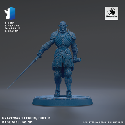 a blue figurine of a warrior standing on a base, holding a sword in his right hand.