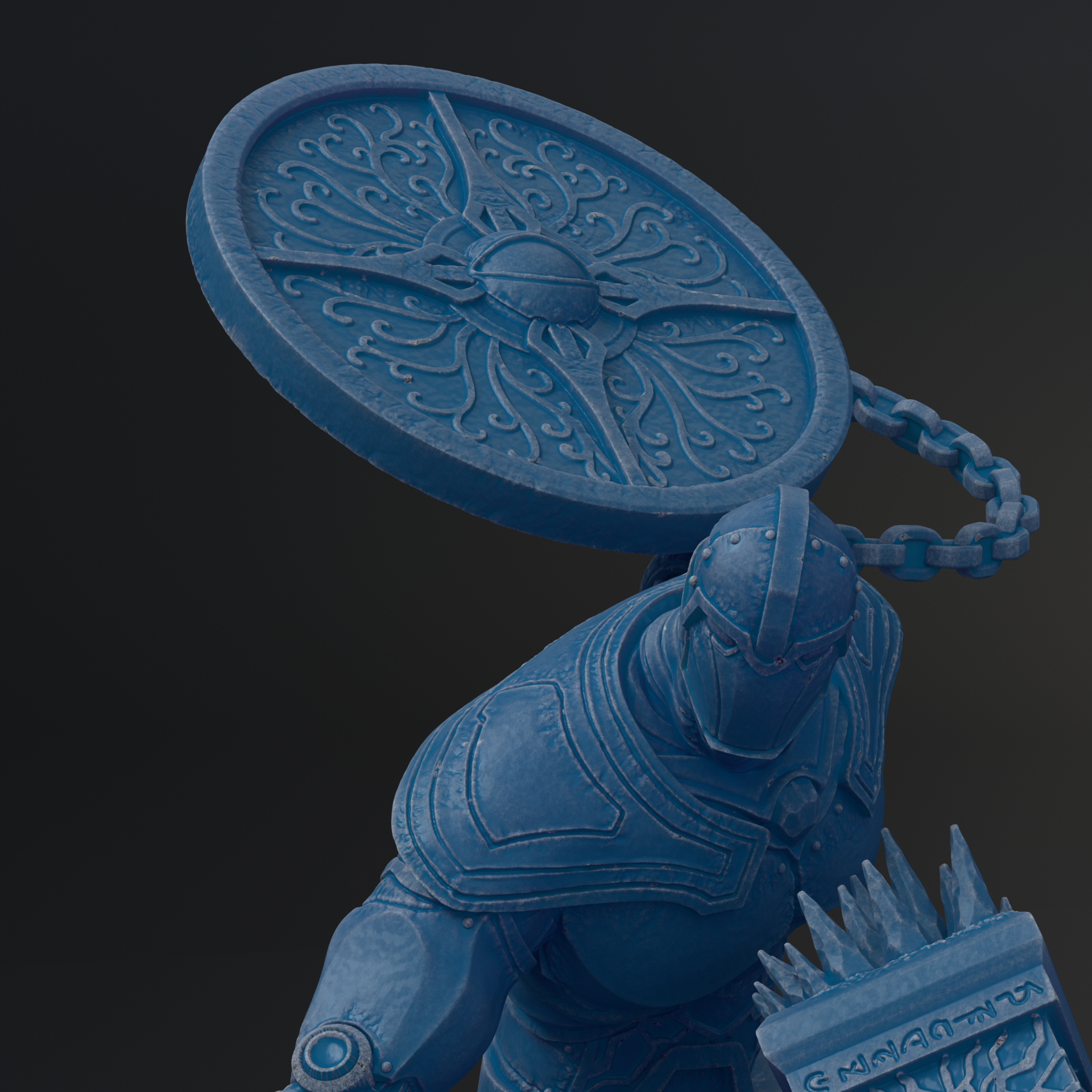 A blue armored figure holding a shield and a chain, standing against a dark background.