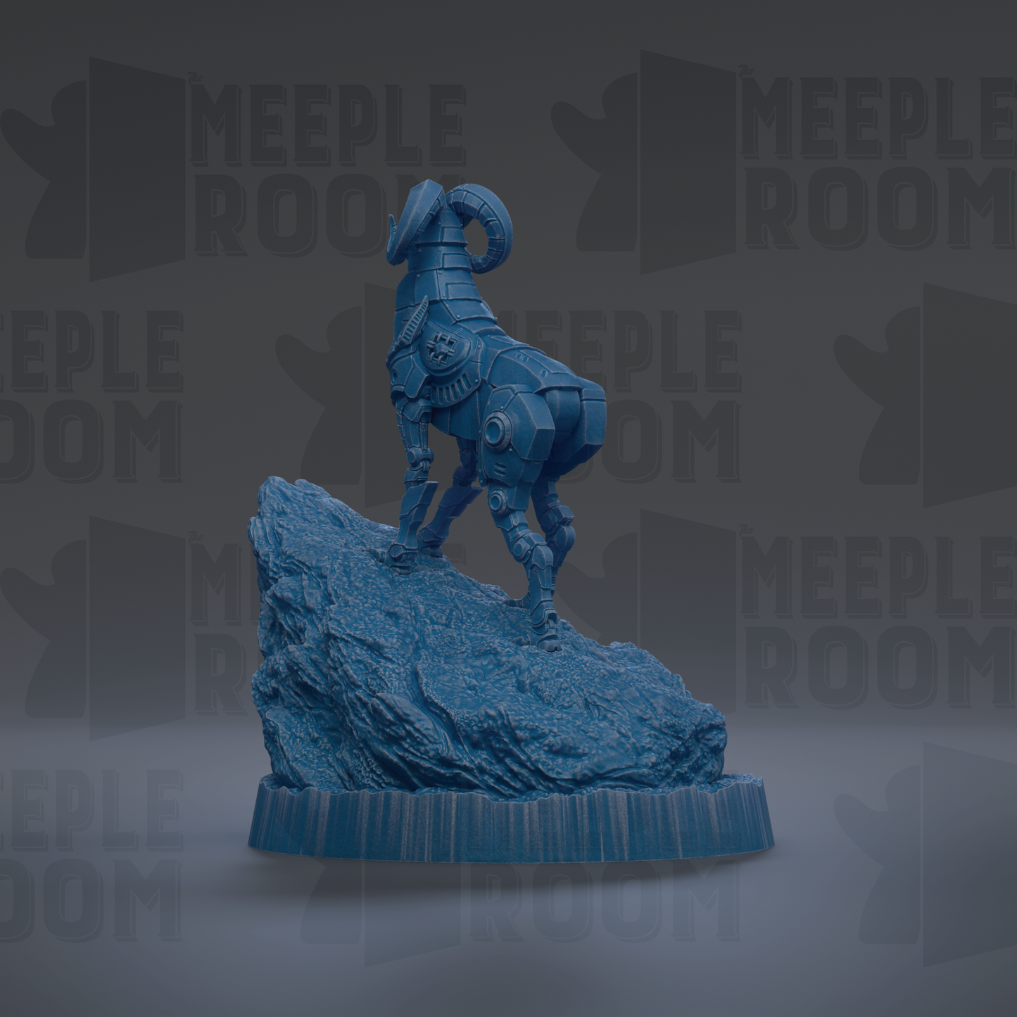 A blue, robotic-looking statue of a ram standing on a rock formation.