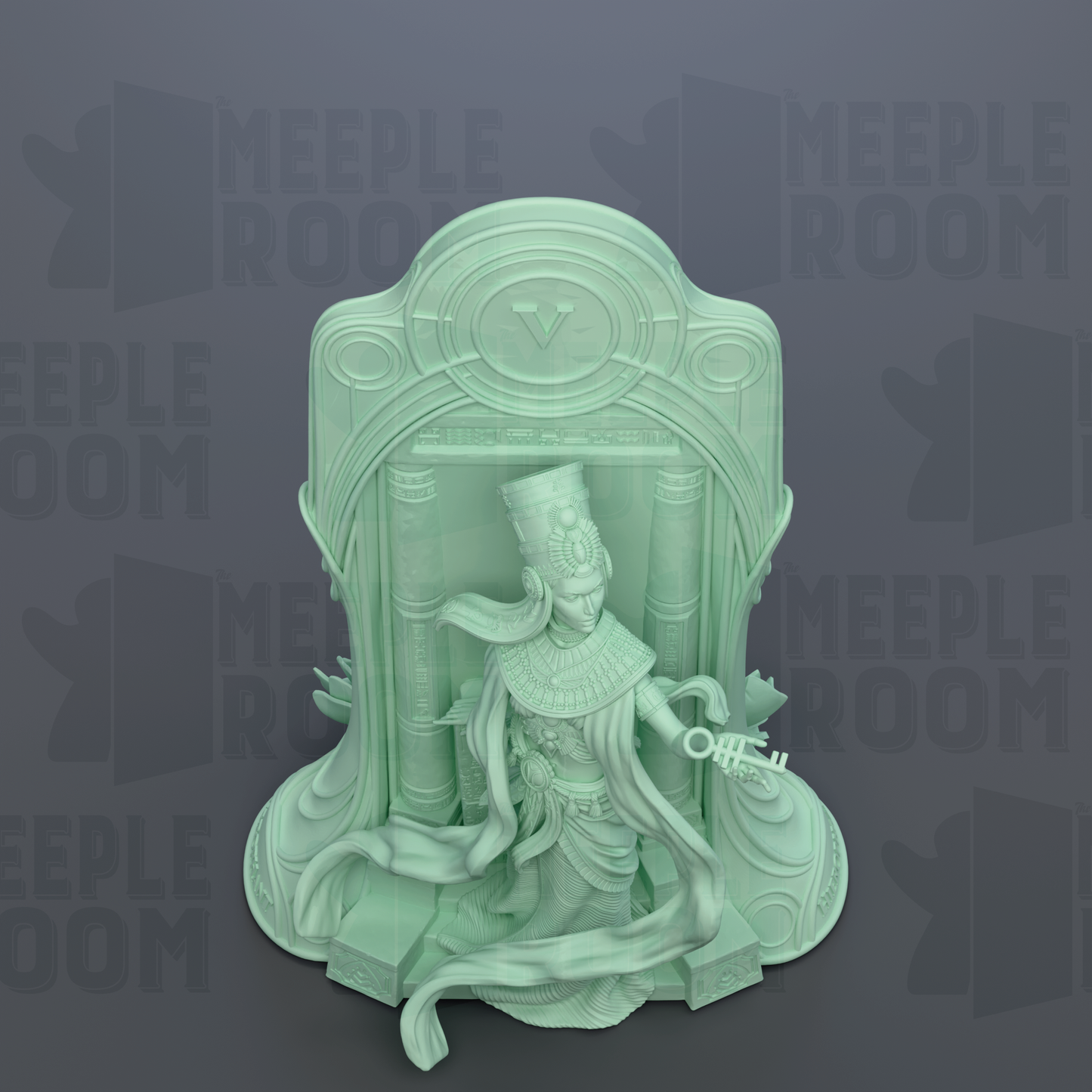 A 3D rendering of a statue of a figure, possibly a deity or mythological character, sitting on a pedestal or base. The background is a dark gray color, and the image contains the text "MEUPLE ROOM" repeated multiple times, suggesting that the image is part of a larger collection or series.