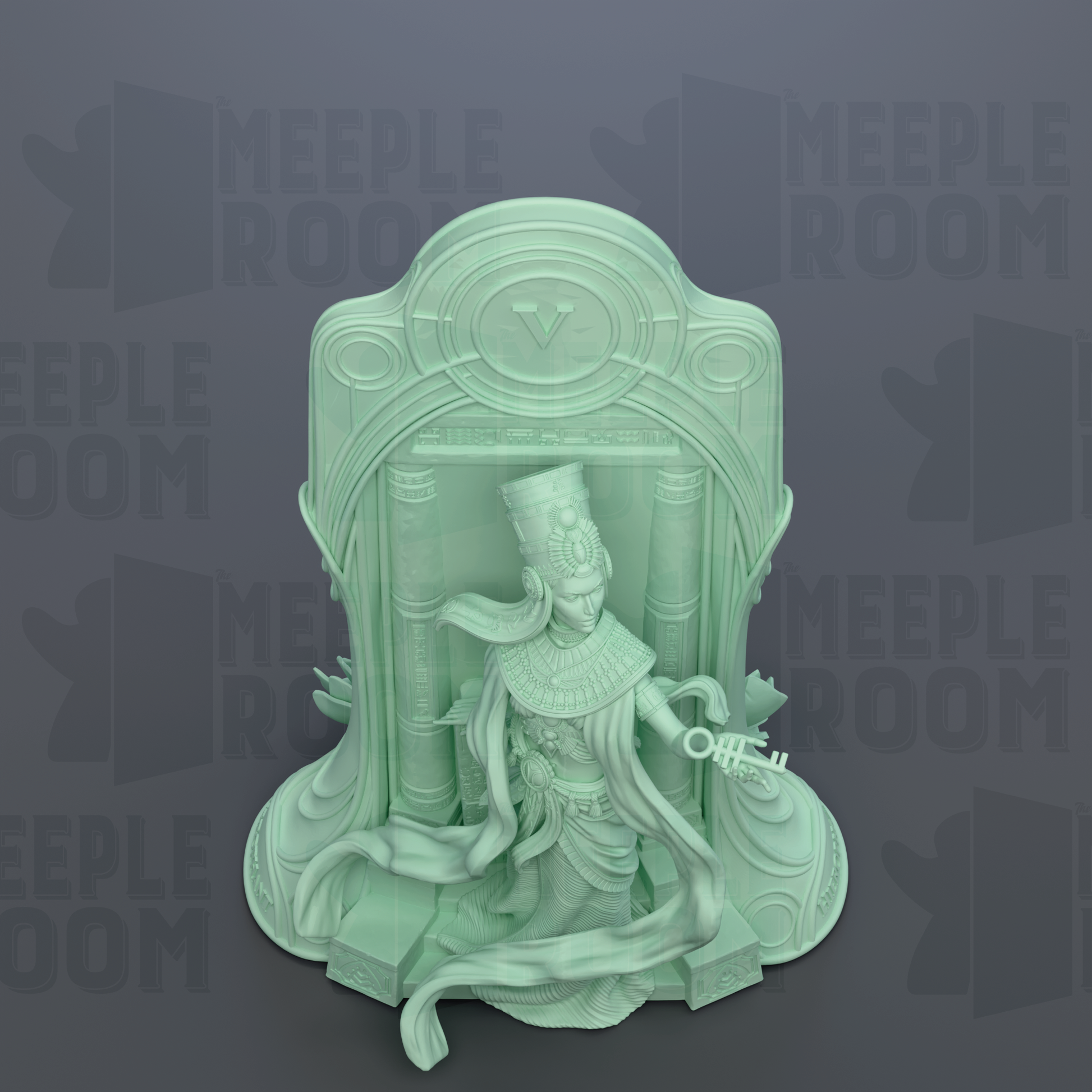 A 3D rendering of a statue of a figure, possibly a deity or mythological character, sitting on a pedestal or base. The background is a dark gray color, and the image contains the text "MEUPLE ROOM" repeated multiple times, suggesting that the image is part of a larger collection or series.