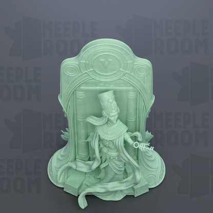 A 3D rendering of a statue of a figure, possibly a deity or mythological character, sitting on a pedestal or base. The background is a dark gray color, and the image contains the text "MEUPLE ROOM" repeated multiple times, suggesting that the image is part of a larger collection or series.