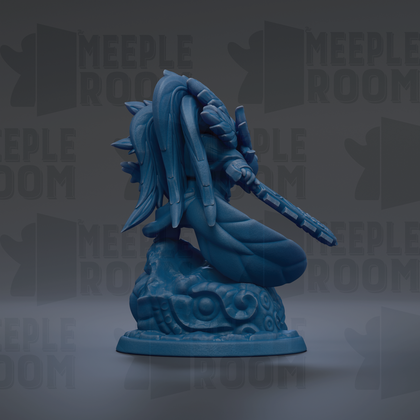 A blue figurine of a fantastical creature with long, flowing hair and a sword, standing on a rock formation against a dark background with repeated text.
