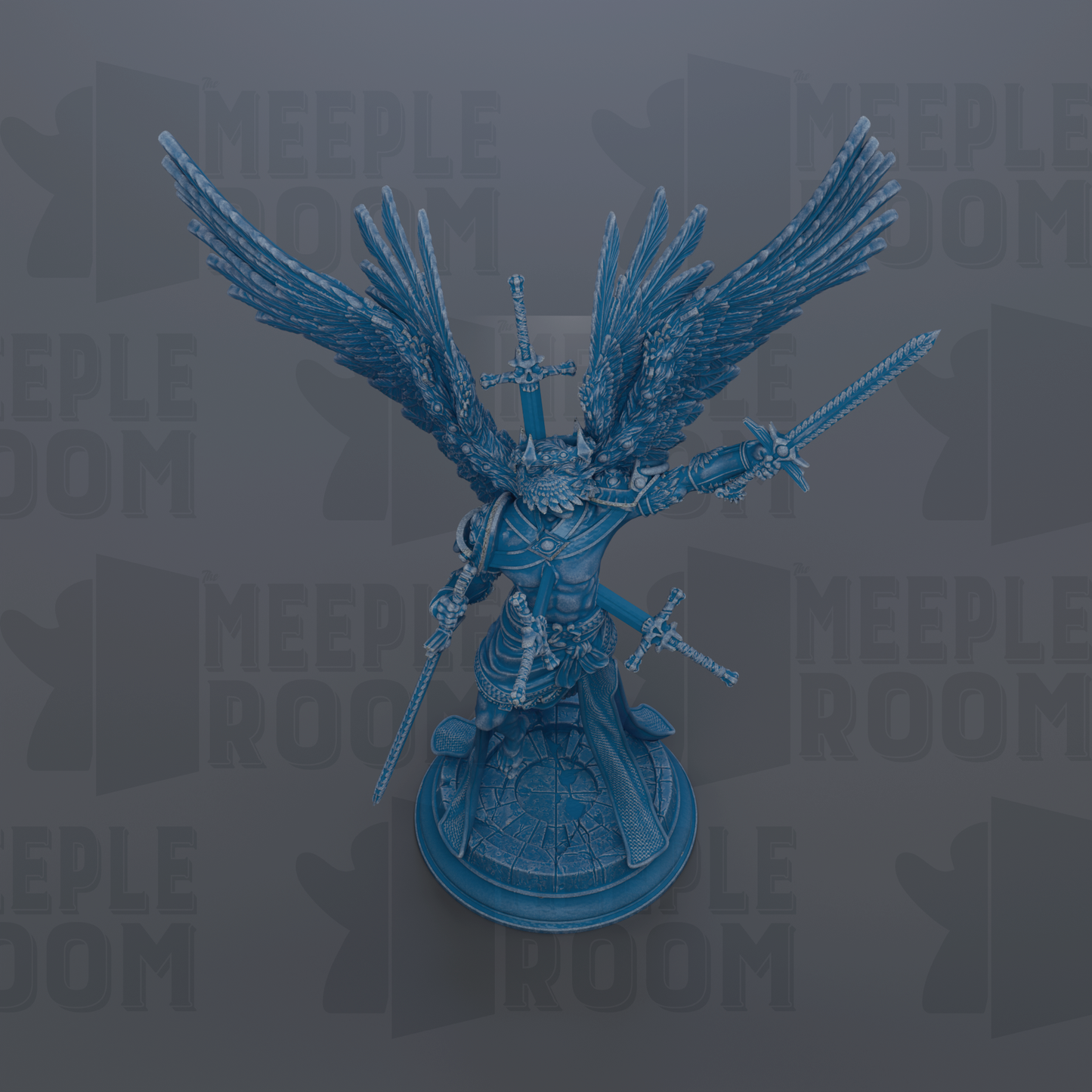 A blue figurine with wings and a sword stands on a pedestal against a gray background with repeated "MEIPLE ROOM" text.